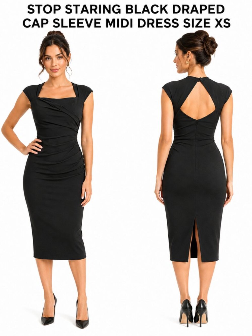 Stop Staring Black Draped Cap Sleeve Midi Dress Size XS